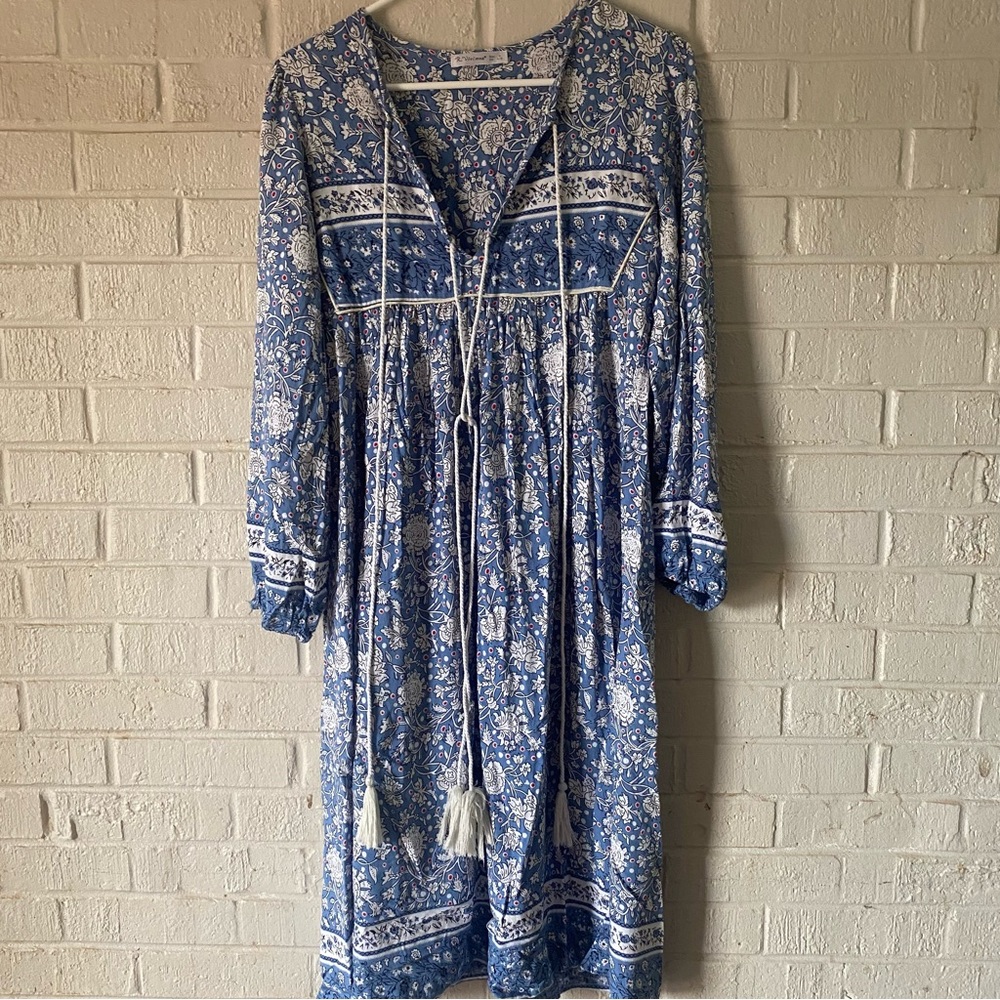 R Vivimos Dress‎ Womens Size 4/6 Blue Midi Prairie Modest Tassels Printed